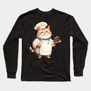 Whimsical Chef Cat with Tempting Cake Long Sleeve T-Shirt